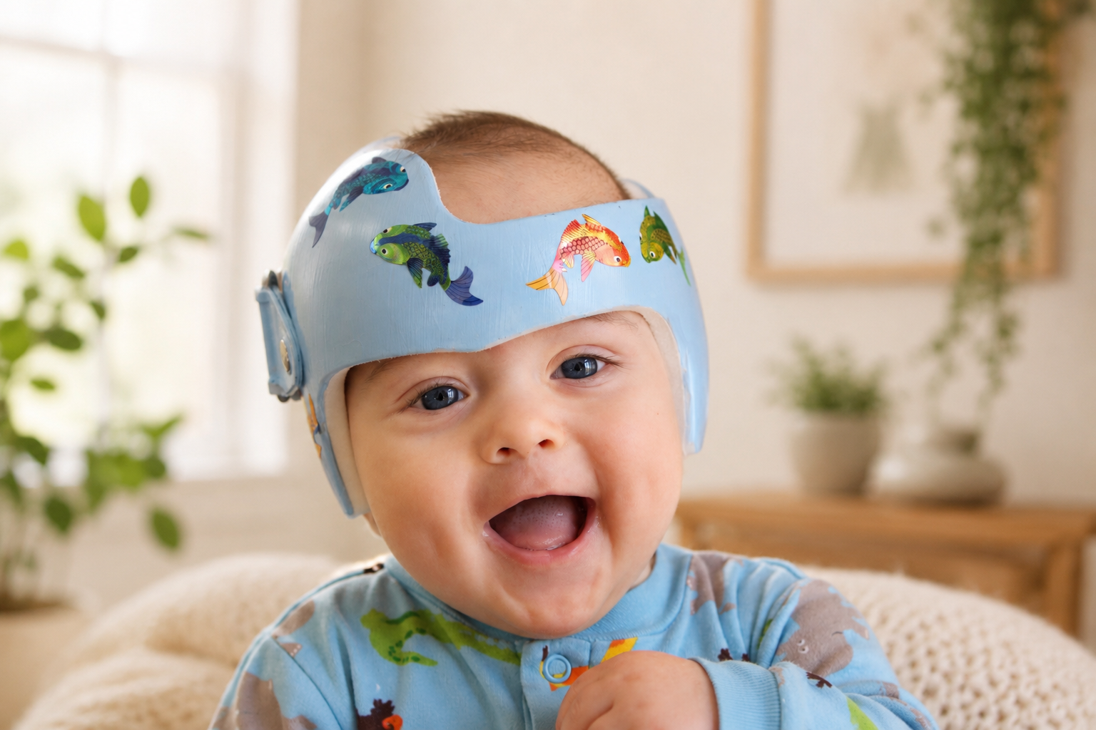 Infant in a head-shape helmet resting calmly with a parent nearby