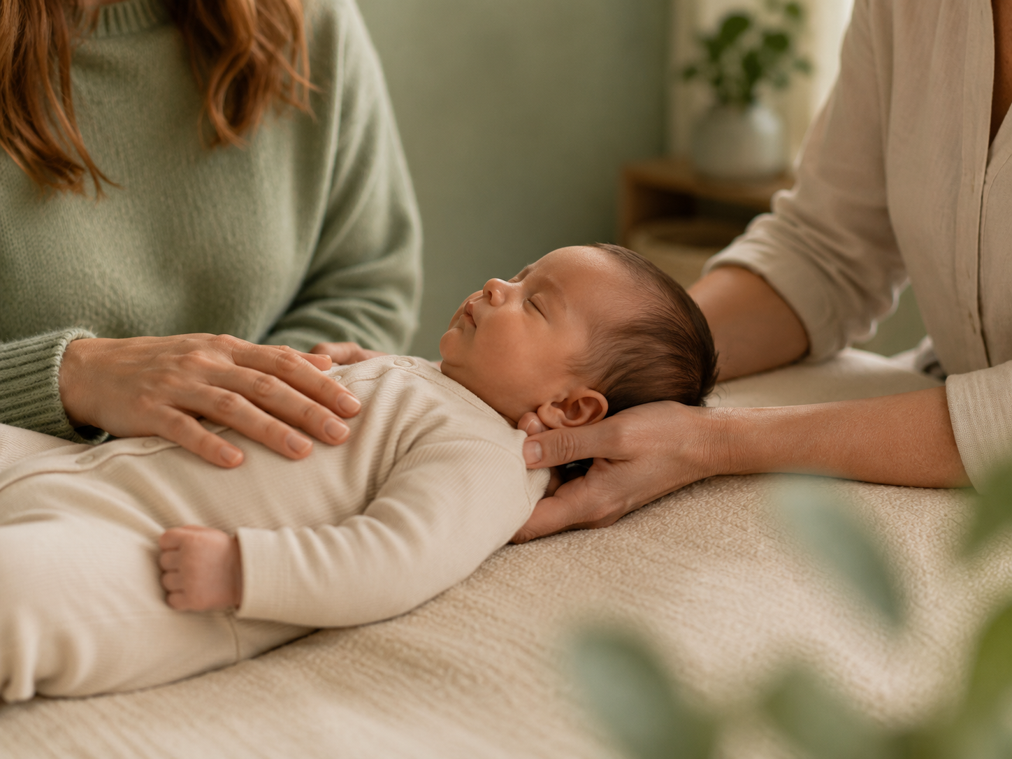 Gentle hands-on CranioSacral Therapy contact with a sleeping infant